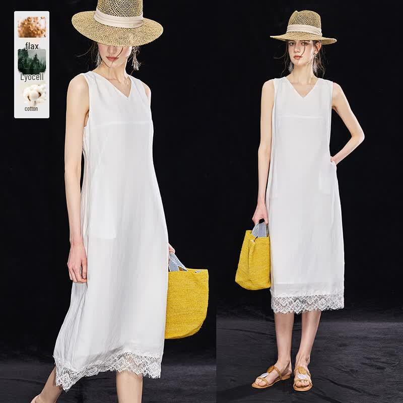 Tencel Linen Lace Patchwork V-Neck Sleeveless Dress XL