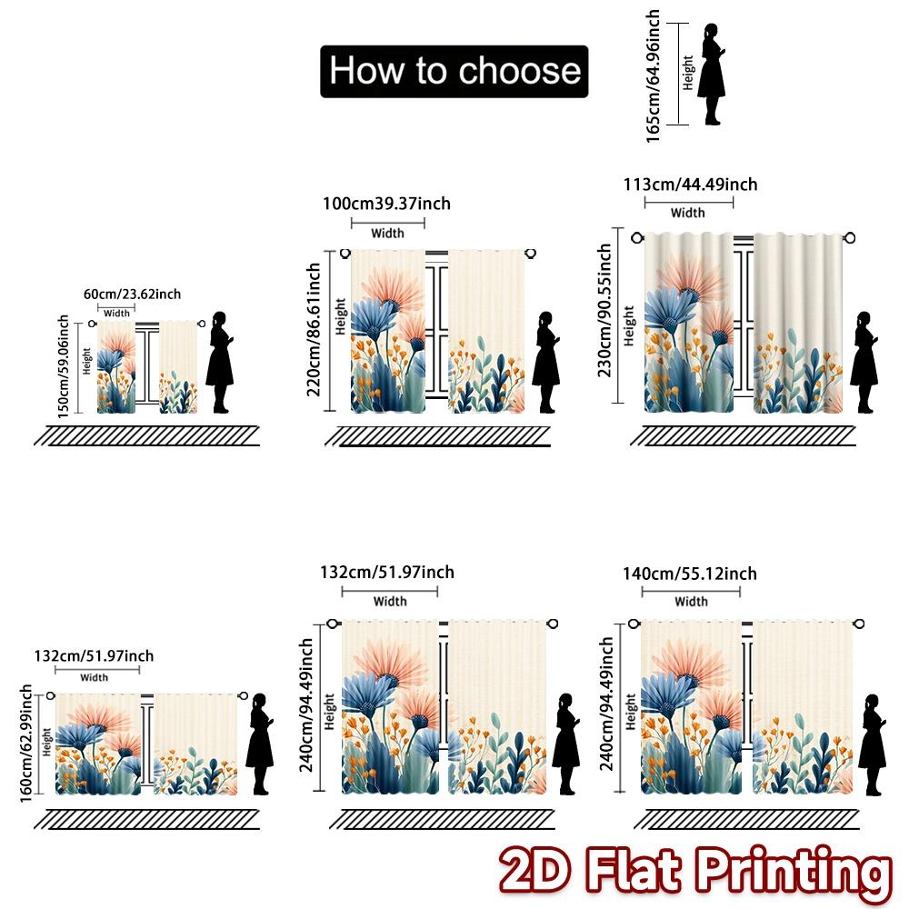 Flat Printing Curtains Without Rod Floral Spring Design Ramadan Festival Chic Print Set Of 2 Made Polyester Machine Washable