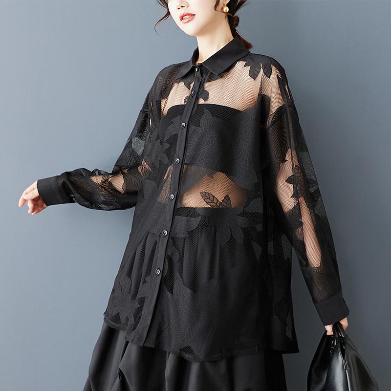 

DIMANAF 2025 Большой размер Новая летняя блузка Кружевная рубашка Женская Свободная Рубашка с длинным рукавом Черные Повседневные топы Футболки XL чёрный