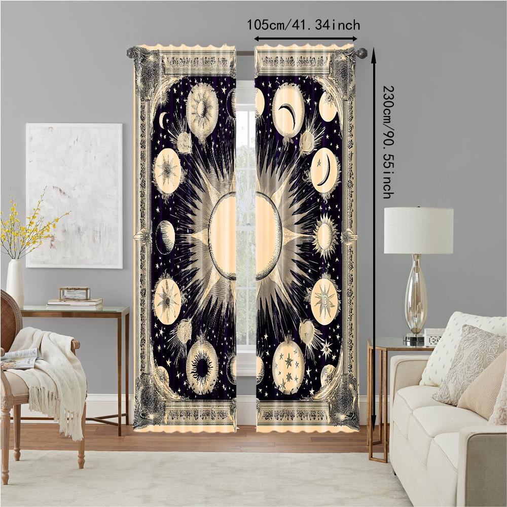 2Pcs Bohemian Moon Sun Window Curtain Vintage Star Design Polyester Material Rod Pocket Drapes For Bedroom Living Room