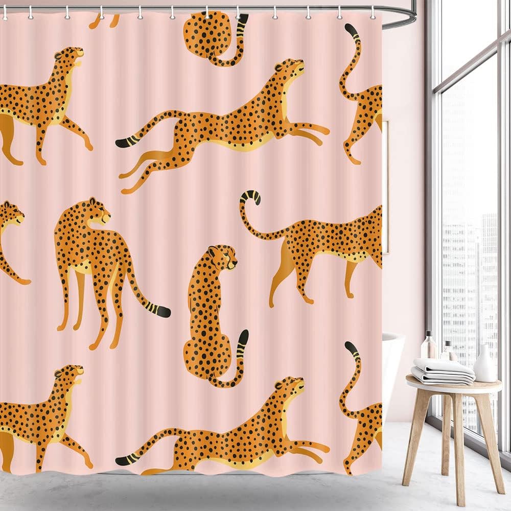 Pink Leopard Print Pattern Waterproof Shower Curtain 180X200Cm - Jungle Animal Print Bath Curtain For Living Room Decor