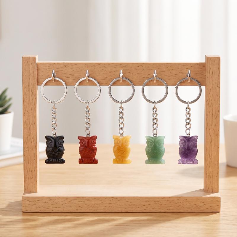 Natural Stone Crystal Gemstone Agate Sculpture Owl Stainless Steel Key Chain Mobile Phone Bag Pendant for Women and Men