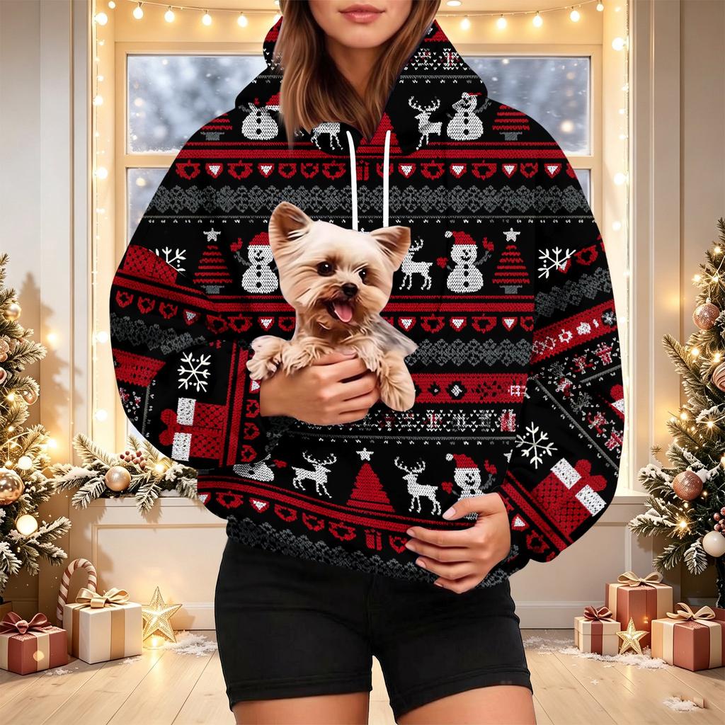 Felpa con cappuccio da donna con stampa natalizia e tasca per animali domestici, Felpa alla moda con cappuccio per le feste
