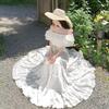 French unique super good-looking one-word shoulder waist dress women's 2026 summer design sense niche big pendulum long skirt