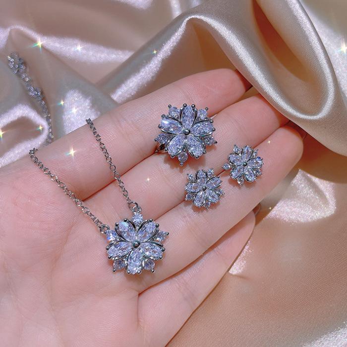 Necklace Wedding Jewelry Pink Zircon Stud Earrings Three-Piece Jewelry Set Ring Flower