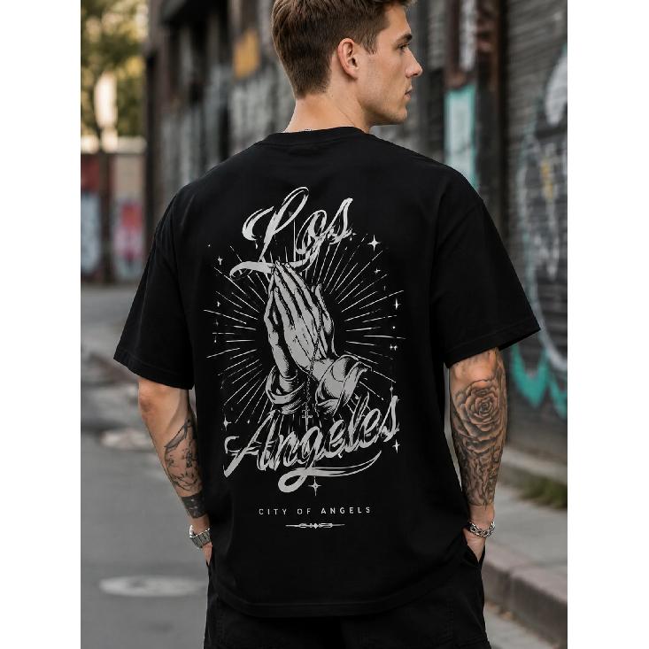 Men s Oversized Black Graphic Tee with Praying Hands & Los Angeles Script, Short Sleeve Crewneck Cotton Streetwear for Urban Daily Wear S чёрный