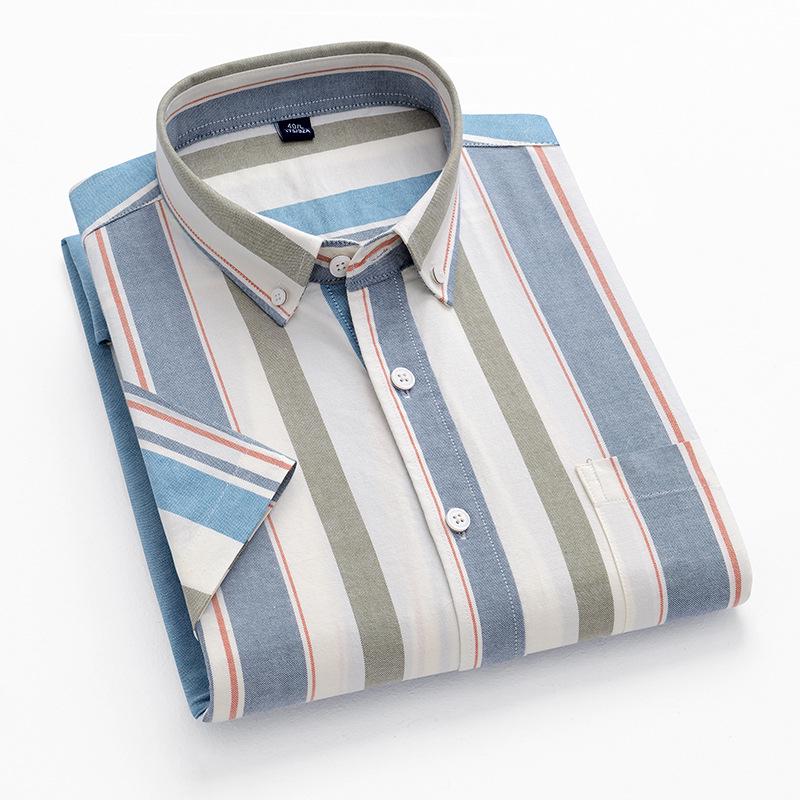 Men's Summer Striped Short-Sleeve Cotton Shirt with Turn-Down Collar