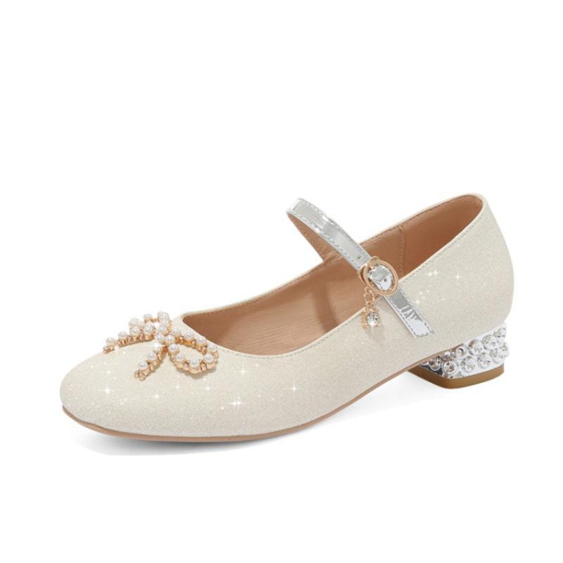 Girls Spring Princess Shoes 2025 New Girls Square Head Thick Heel Low Top Bow Sequins Student Children's Single Shoes
