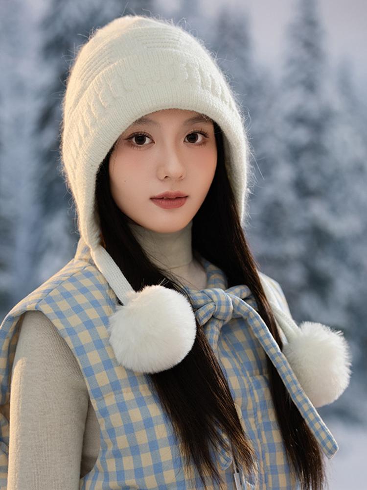 Winter Women Knit Weaving Thicken Warm Windproof Cap Lei Feng Cap Lady Sweet Hairy Balls Solid Casual Thermal Hat Fashion New