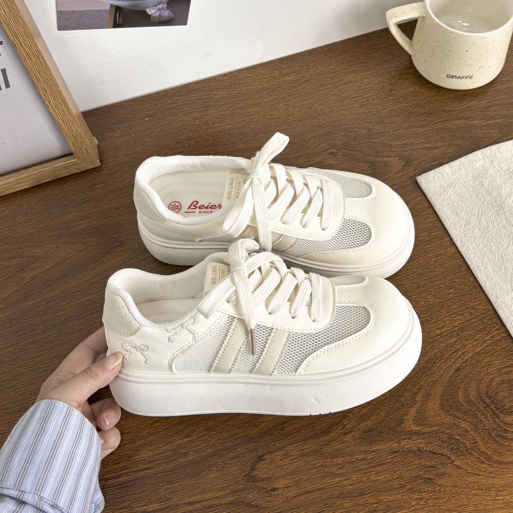 Young Girl Mesh Breathable White Sneakers Summer Versatile Trendy Fashion Thick‑Sole Board Shoes