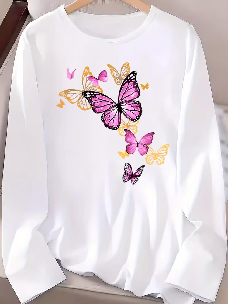 (Asian Size) butterfly style Long Sleeve T-shirts Casual Clothing Women o-neck Print T Shirt autumn winter spring Fashion Top Graphic Tee