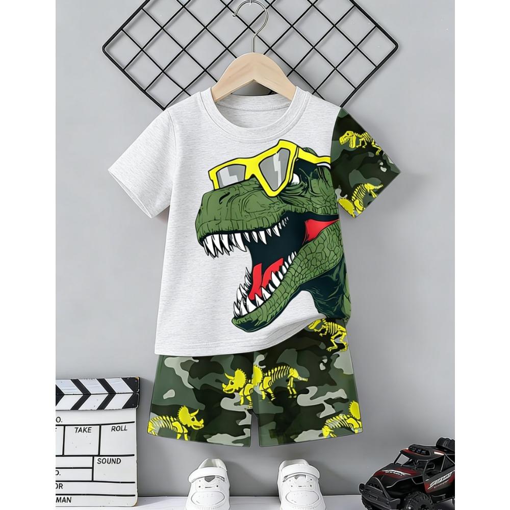 Set Maglia a Maniche Corte Stampata 3D con Dinosauro e Macchina e Pantaloncini Sportivi, Set Maglia Sportiva Casual Estiva