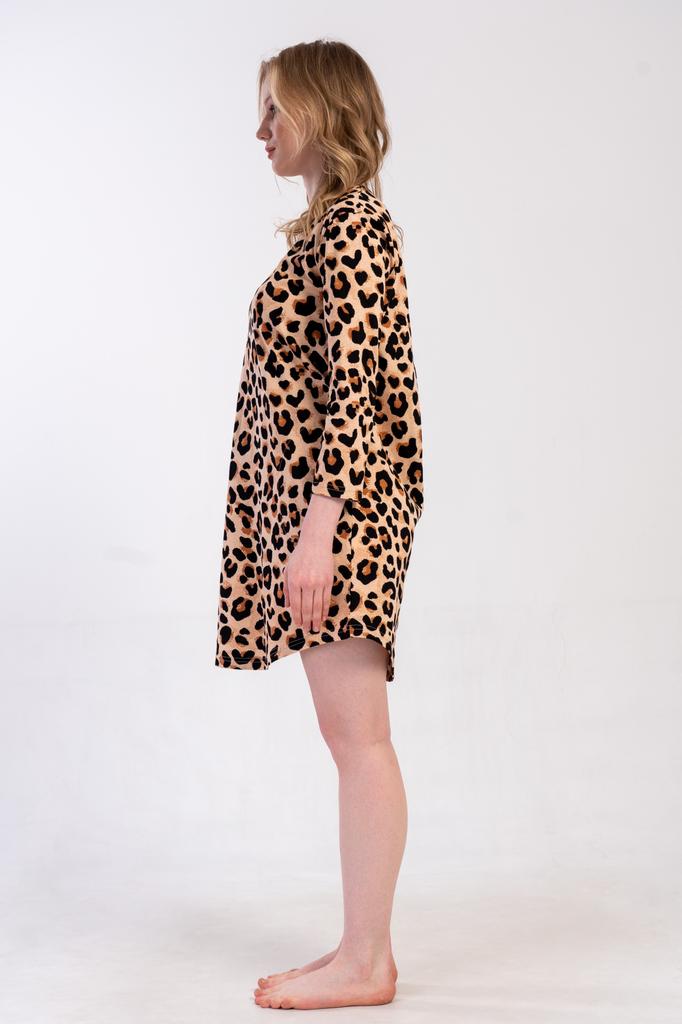 Women's Cotton Nightgown Long Sleeve L Vienetta Leopard Print Pockets