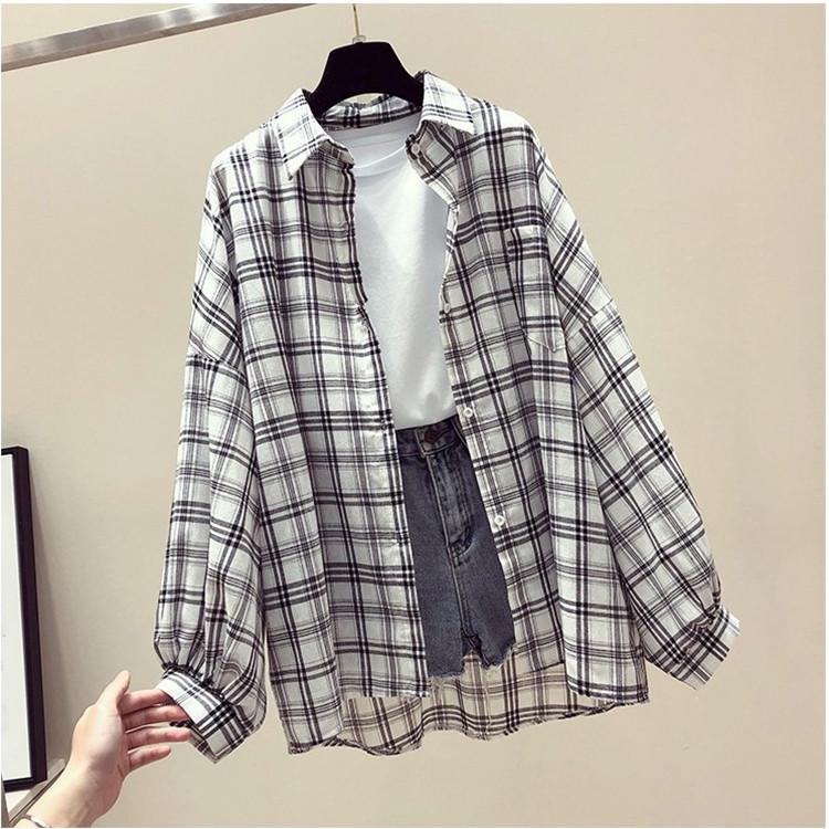 

Жіноча картата сорочка: Весна/Літо 2023 Корейський стиль Вільний крій, Рукав сім восьмих, Захист від сонця, Шикарний та стильний топ 2X-Large