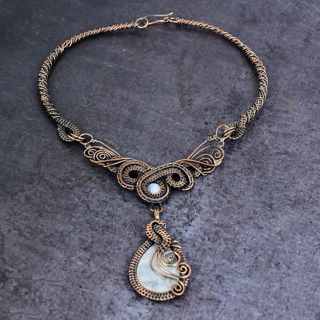 Natural Moonstone, Larimar Gemstone Copper Wire Wrap Jewelry Necklace 18" F6w98