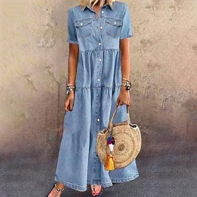 Frauen Denim Kleid Kurzarm Einreiher Drehen Unten Kragen Taschen Lose Maxi