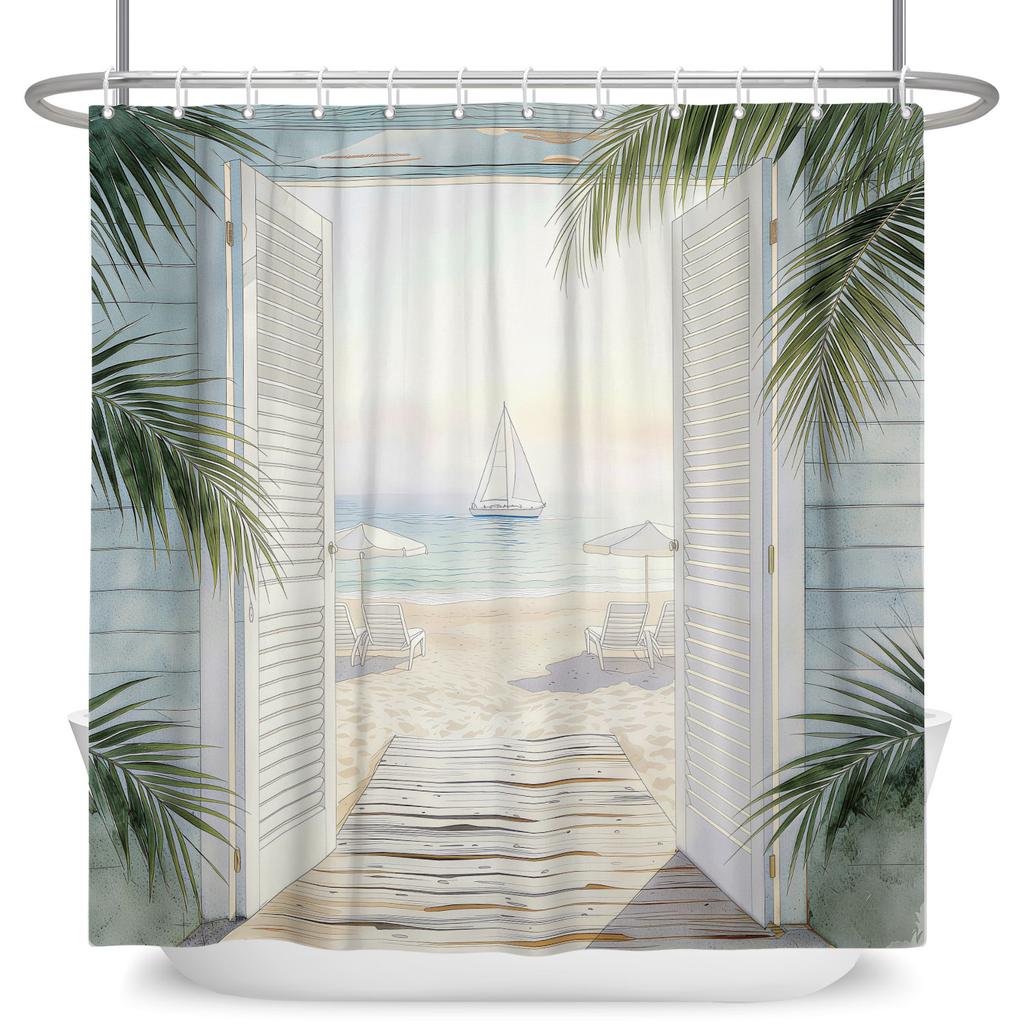 Coastal Vacation Shower Curtain Beach View Door Waterproof Bath Curtain For Bathroom Decor Palm Sailboat Polyester With Hooks