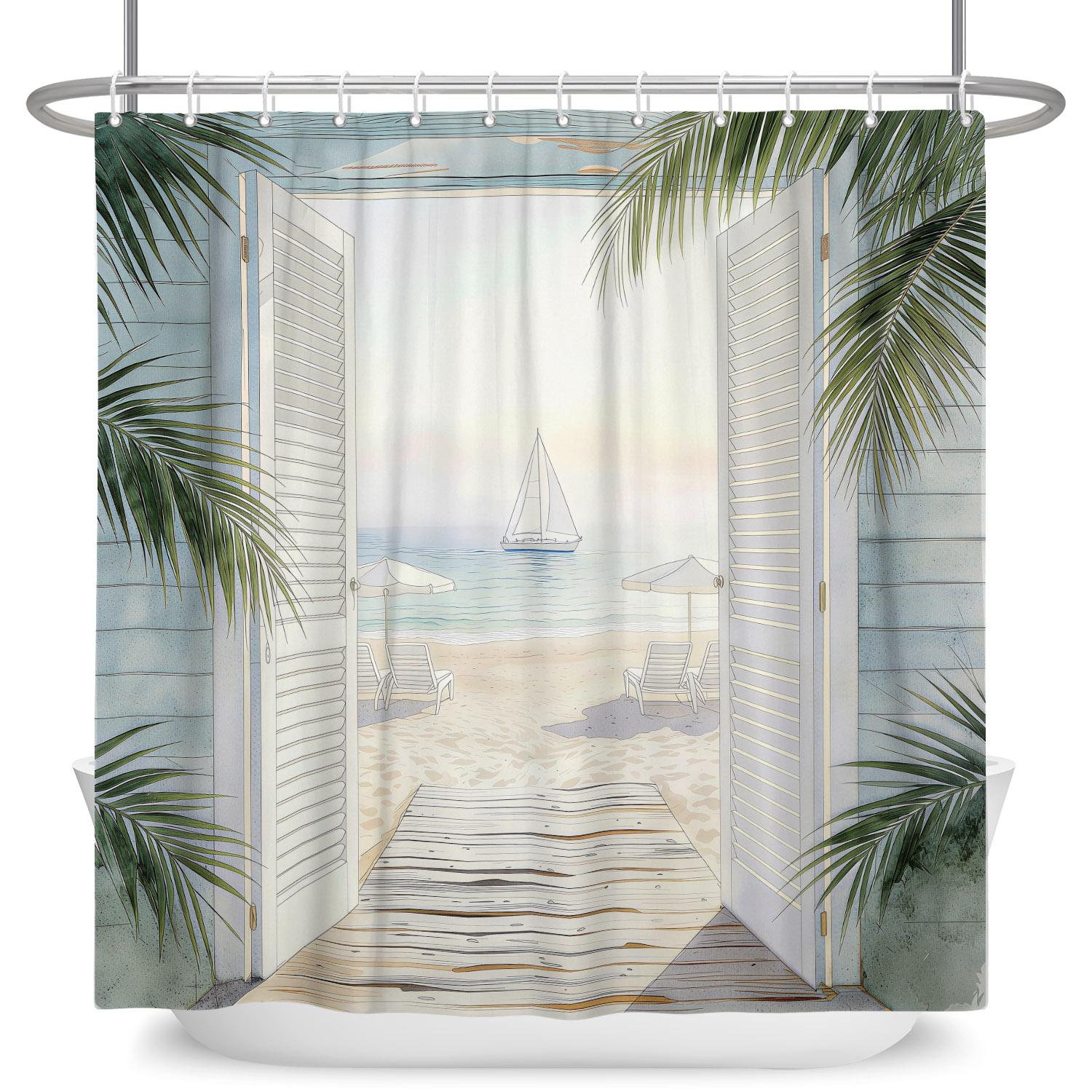 

Tropical Beach Sunset Shower Curtain Palm Tree Ocean Waterproof Bath Curtain Bathroom Decor Vacation Style Polyester With Hooks W90cm x H180cm