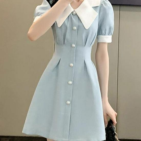 Women s Summer Princess Dress with Waist-Cinching Doll Collar and Short Sleeves S (up to 49 kg) светло-синий