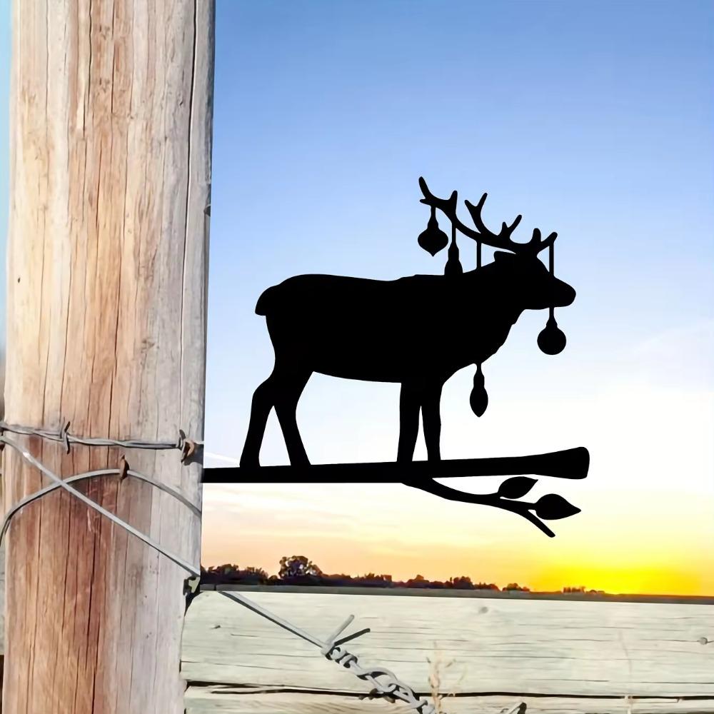 Elk Christmas on Branch Iron Art Metal Silhouette Wall Décor for Home, Garden, Yard, Patio, and Outdoor Statue Stake Decoration