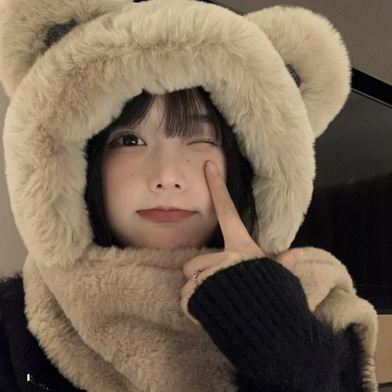 Women's Winter Korean Style Plush Bear Ears Hat, Scarf, and Gloves Three-Piece Set