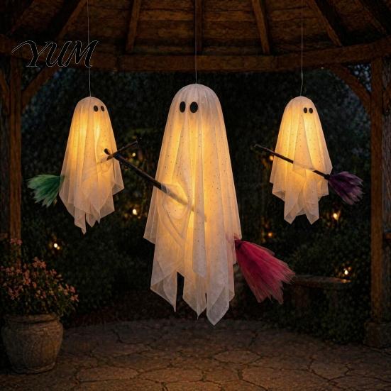 Halloween Hanging Ghost Decorations Outdoor Decoration, Large on Broom, Spooky Porch Decor Flying Gauze for Tree, Porch, Yard, Patio, Outside