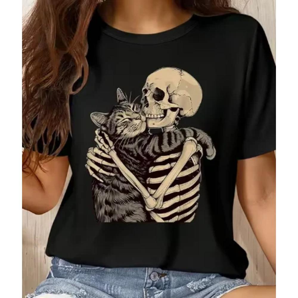 Black Casual Women's Short Sleeve Crew Neck T-Shirt Cute Ginger Cat Graphic Print Regular Fit Comfortable Fabric Casual Style