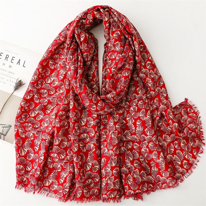 Fashion Winter Polka Ginkgo Floral Fringe Viscose Shawls Scarf Lady High Quality Print Soft Pashmina Stole Muslim Hijab 180*90Cm