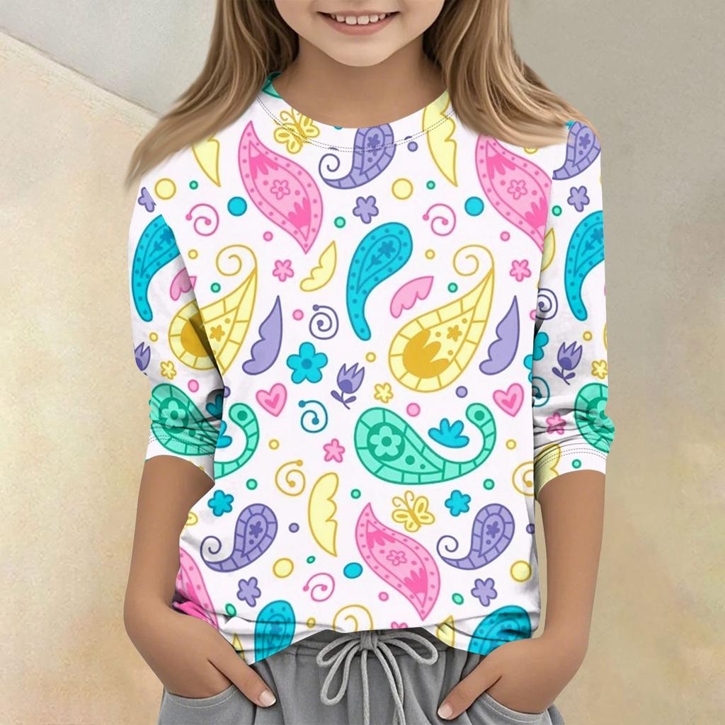 Children's Printed Round Neck Seven Quarter Sleeve Casual T-shirt