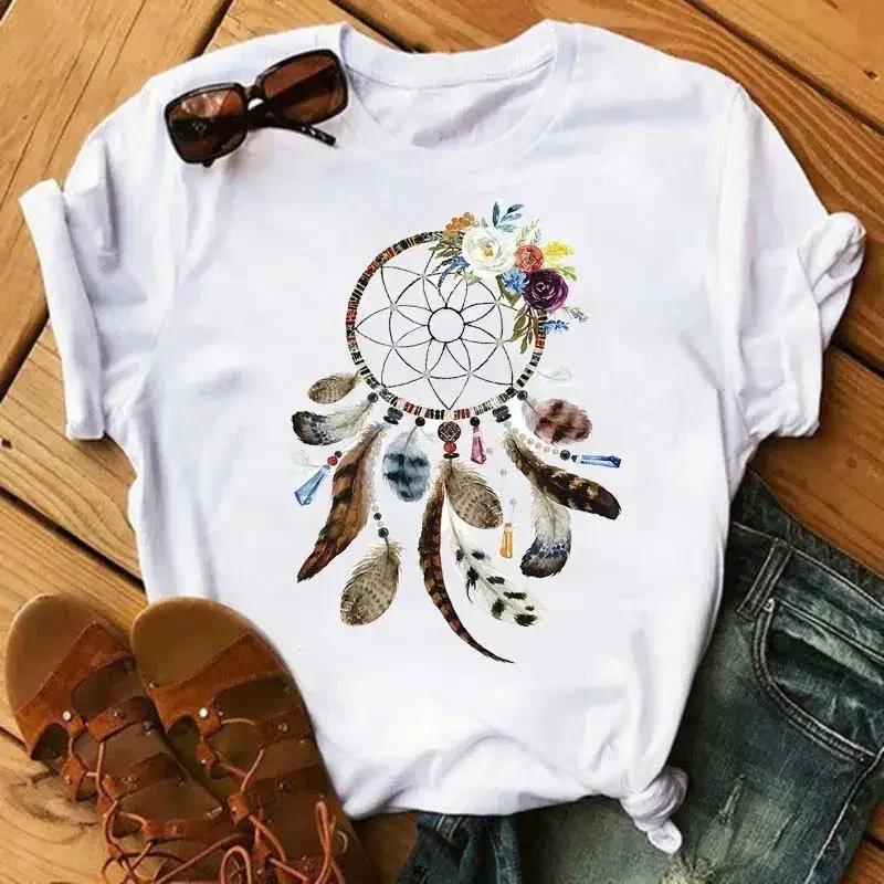 Print T Shirt Fashion Crew Neck Short Sleeve  T Shirt  Fashion Dream Catcher T Shirt Women Harajuku Graphic