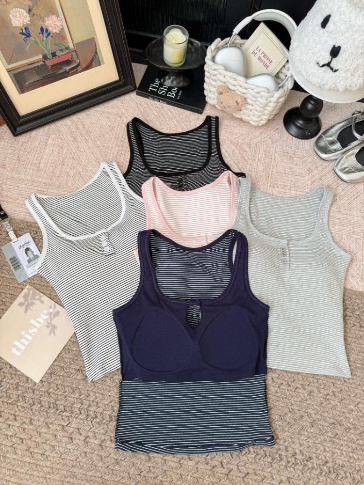Korean Style Women's Square Neck Vest with Built-in Bra, Retro Stripe Camisole, Slim Fit Spicy Girl Top