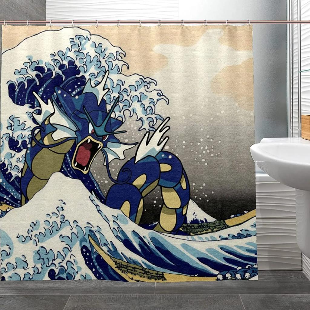 JY01Funny Cat Octopus Japanese Anime Kraken Monster Hokusai The Great Waves Kanagawa Antique Ocean Scenery Shower Curtain