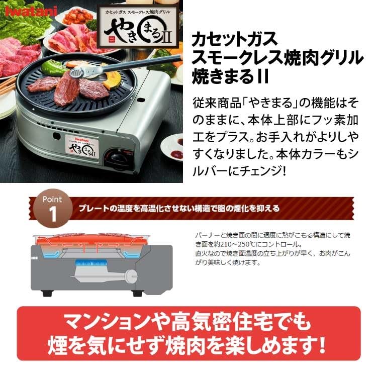Iwatani Yakimaru II Portable Stovetop, Smokeless Yakiniku Grill (CB-SLG-2), 4-Piece Set with Tongs, Sponge, and Cloth