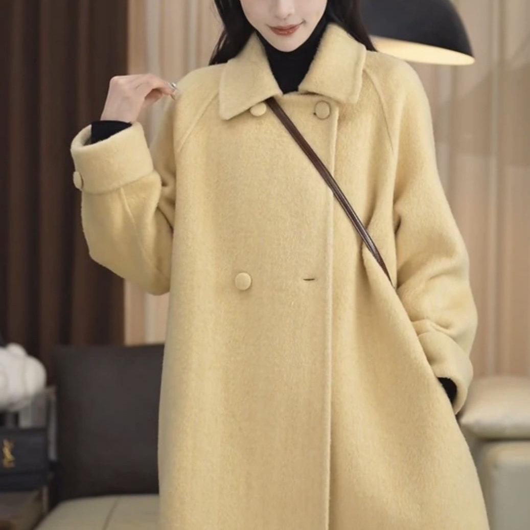 

Тонкий пальто средней длины в корейском стиле 2025 года для миниатюрных людей - Свободный крой, верхняя одежда из шерсти с длинным ворсом для осени/зимы L жёлтый