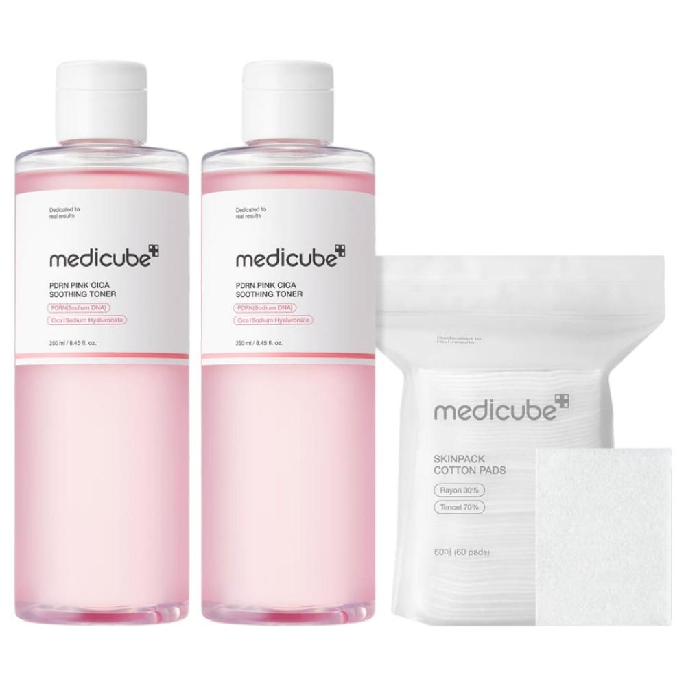 Medicube PDRN Pink Cica Soothing Toner, Deep Hydrating & Calming Facial Toner, 250ml (2-Pack + Skin Pack Cotton Pads)