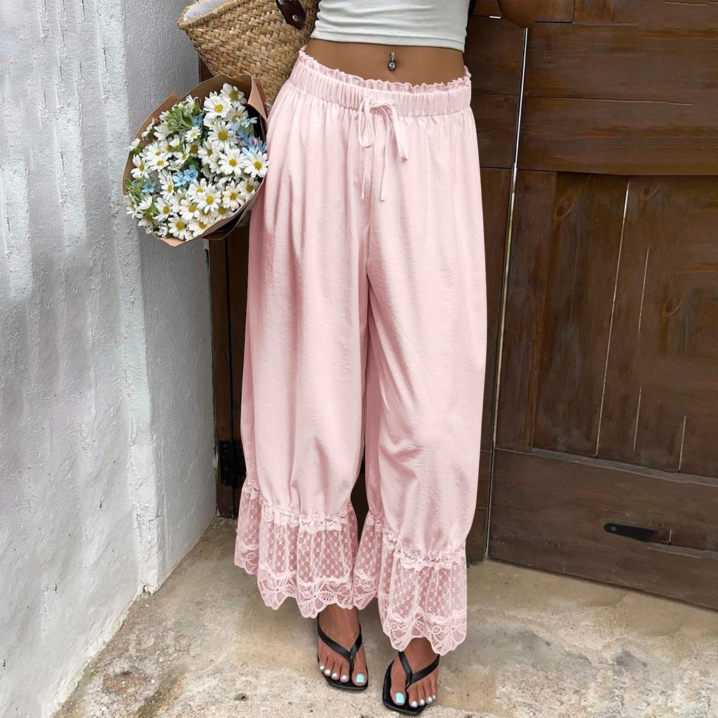 Damen Spitzenbesatz Rüschensaum Weites Bein Hoher Bund Lange Lockere Hose Vintage Stil Strand Reise Urlaubs Hose