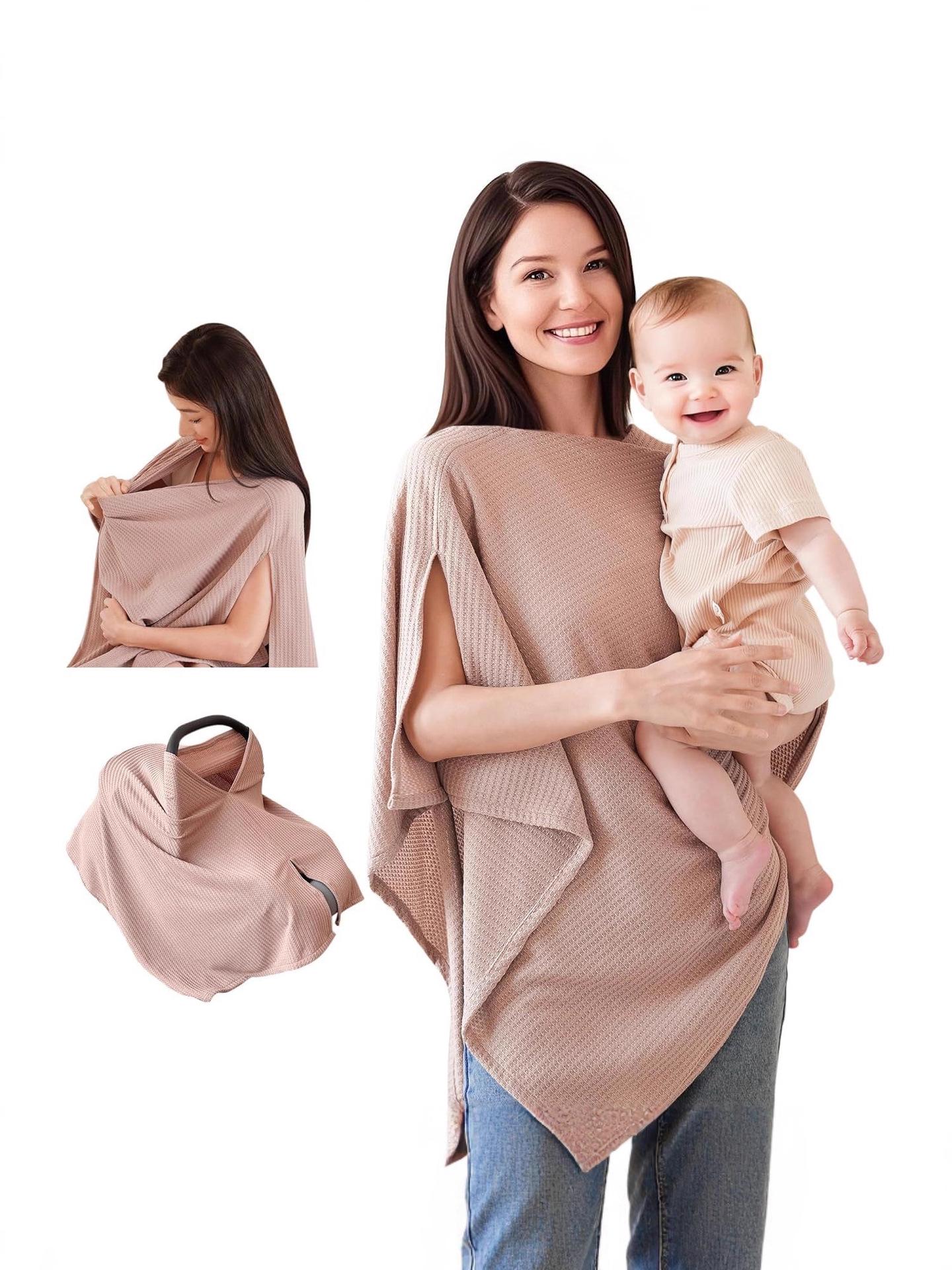 Waffle Jacquard Stretch Nursing Cover: Multifunctional Feeding, Windproof Sunshade & Stroller Shawl Camel Apricot