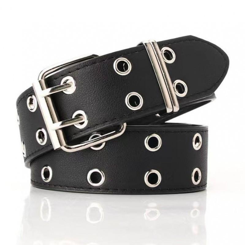 Black Versatile Womens Belt With Stylish Double Buckle And Metal Embellishment Chain