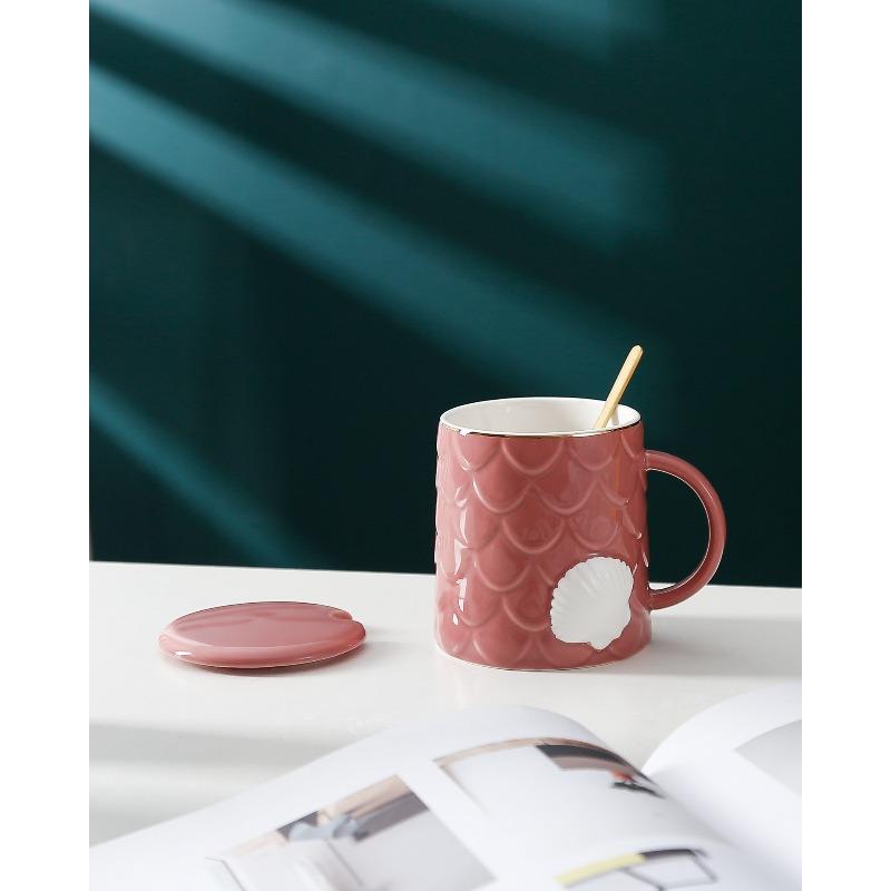 Kreativ Skal Keramisk Kopp med Lock Sked Liten Fräsch Eftermiddagste Kaffemugg Hushållsvattenkopp Kopp med Stor Kapacitet