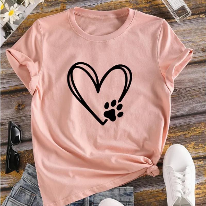 Love Cartoon Print Crew Neck T-shirt Casual Loose Short Sleeve Fashion Summer T-Shirts Tops Women's Clothing