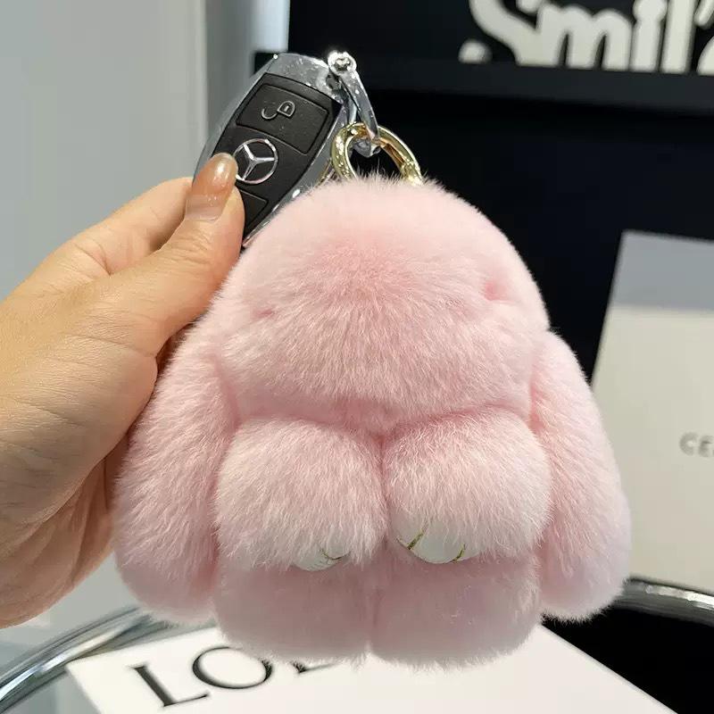 Adorable Rex Rabbit Fur Keychain Pendant - Cute Plush Bunny Charm for Bags and Gifts