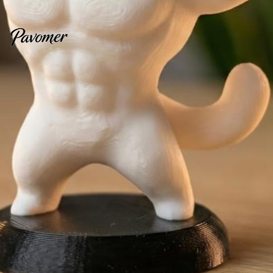 Office Desk Accessories 3D Printed Muscle Cat Figurine, Funny Strong Animal Ornament for Cute Home Office, Creative Sculpture with Base, Unique