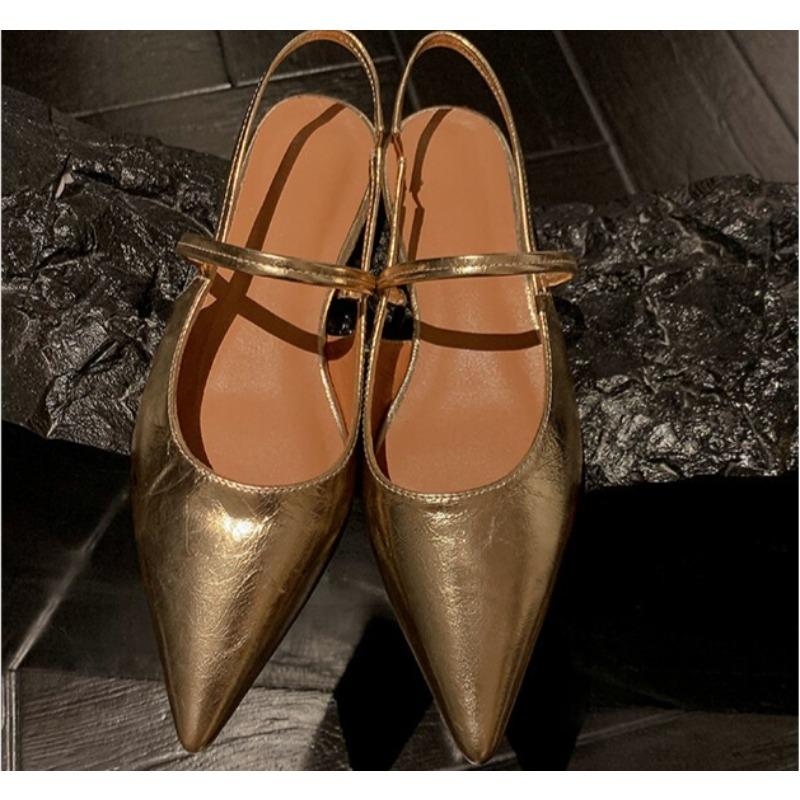 New Women Baotou Patent Leather One Line Buckle Strap Cat Heel Sandals Female Sexy Black Silk Pointed Thin Heel Flat Shoes