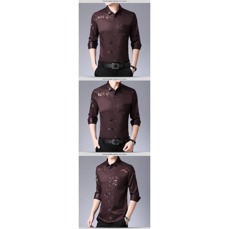 Men Casual Slim Fit Long Sleeve Thin Non Iron Letter Print Shirt