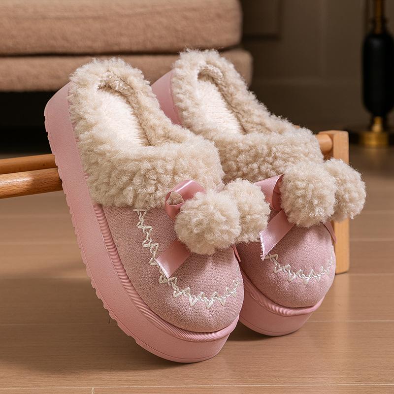 Fluffy Pom-pom Cotton Slippers Women's Winter Indoor Home Non-slip Thick Bottom Velvet Warm Outer Wear Cute Cotton Drag Women's Models