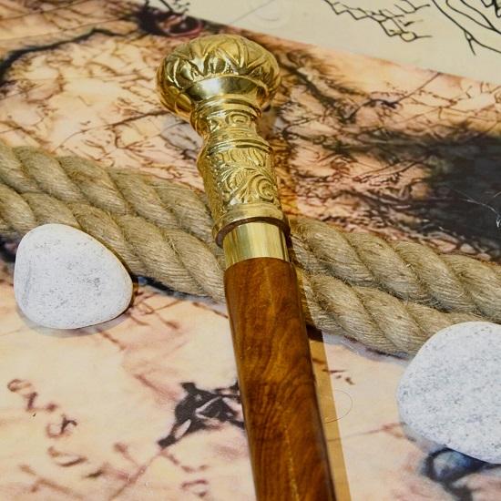 Luxury Wooden Walking Stick with Brass Handle Hand-Carved Cane for Walking Support Functional Gift for Men Collectors