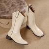 2025 Autumn and Winter New V-mouth Retro Round Head Flat Bottom Matte Soft Leather Medium Tube Boots Women's Simple Sleeve Martin Boots