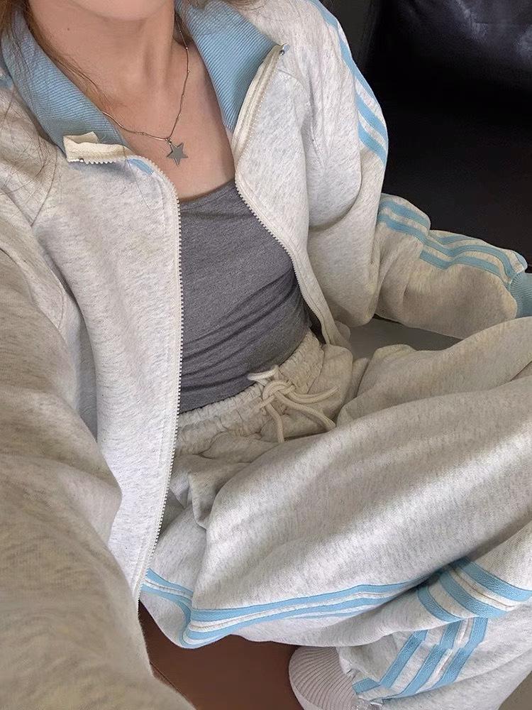 Damen Frühling/Herbst Laufanzug - Reiner Baumwoll- & Milchseidenstoff, Reißverschlussjacke & Hose im koreanischen Stil