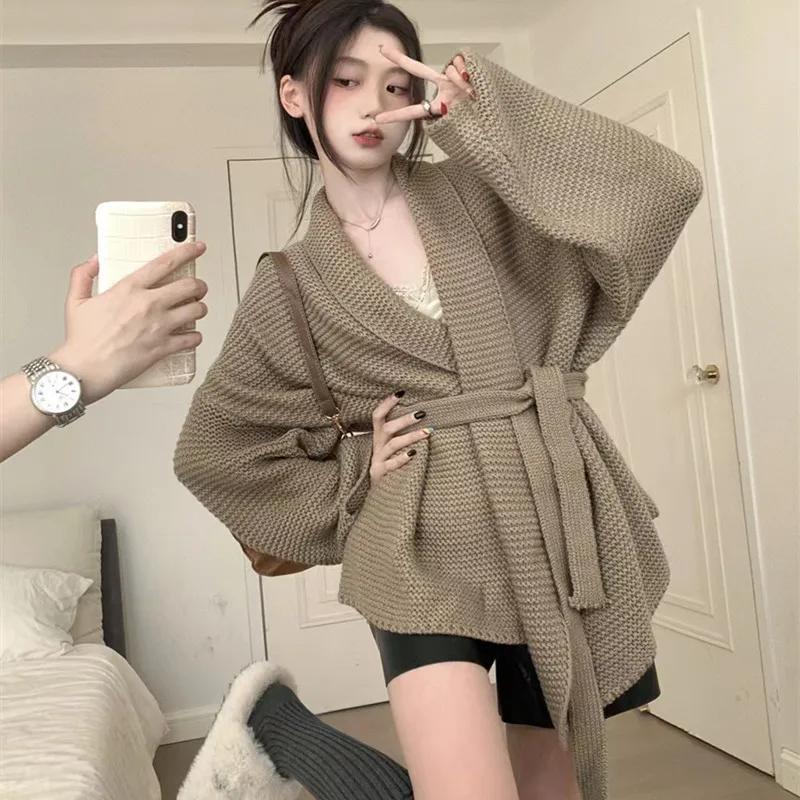 Knitted Female Cardigan Bathrobe Wind Aura Type Lace Up Autumn Winter Lazy Loose Sweater