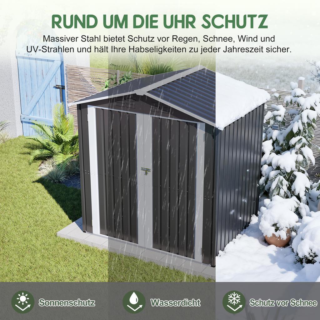 142x185cm Metal Tool Shed Garden House with Ventilation Holes, Incl. Metal Foundation, Lockable Door, Weatherproof for Garden Tools, Gray